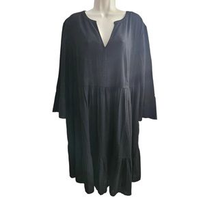 J Jill Solid Black Split Neck Flutter Sleeve Ruffle Dress Size Small Tall